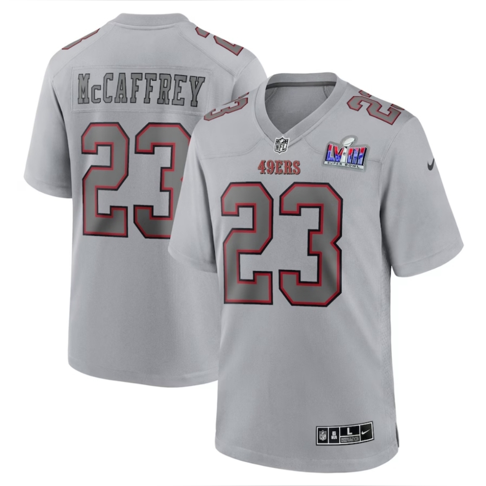 San Francisco 49ers Christian McCaffrey Nike Gray Super Bowl LVIII Jersey